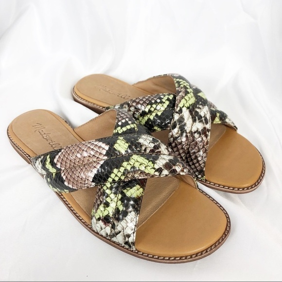 Madewell Shoes - Madewell Skyler Leather Snakeskin Cross Flat Open Toe Sandals Black Green Casual